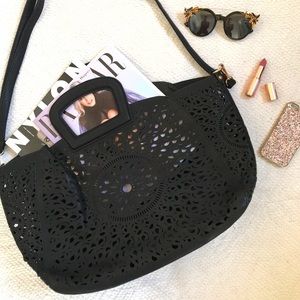 MELIE BIANCO Laser-Cut Faux Leather Black Tote